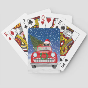 English Bulldog Driving Car In Snow Christmas Playing Cards