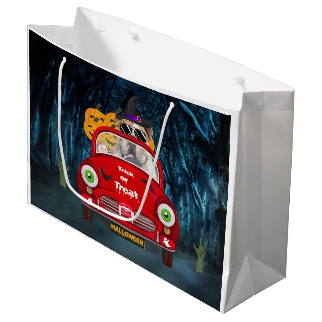 English Bulldog Driving Car Scary Halloween  Large Gift Bag (Front Angled)