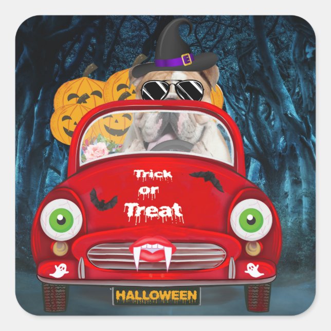 English Bulldog Driving Car Scary Halloween  Square Sticker (Front)