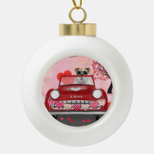 English Bulldog Driving Car with Hearts Valentine' Ceramic Ball Christmas Ornament