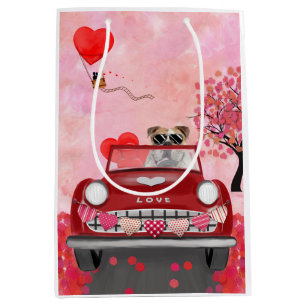 English Bulldog Driving Car with Hearts Valentine' Medium Gift Bag