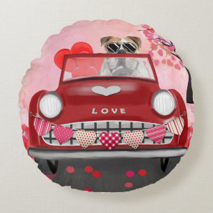 English Bulldog Driving Car with Hearts Valentine' Round Pillow