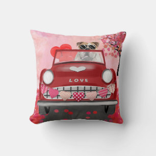English Bulldog Driving Car with Hearts Valentine' Throw Pillow