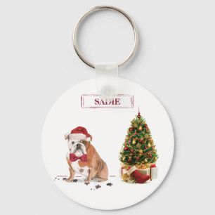English Bulldog Funny Christmas Dog with Tree Keychain