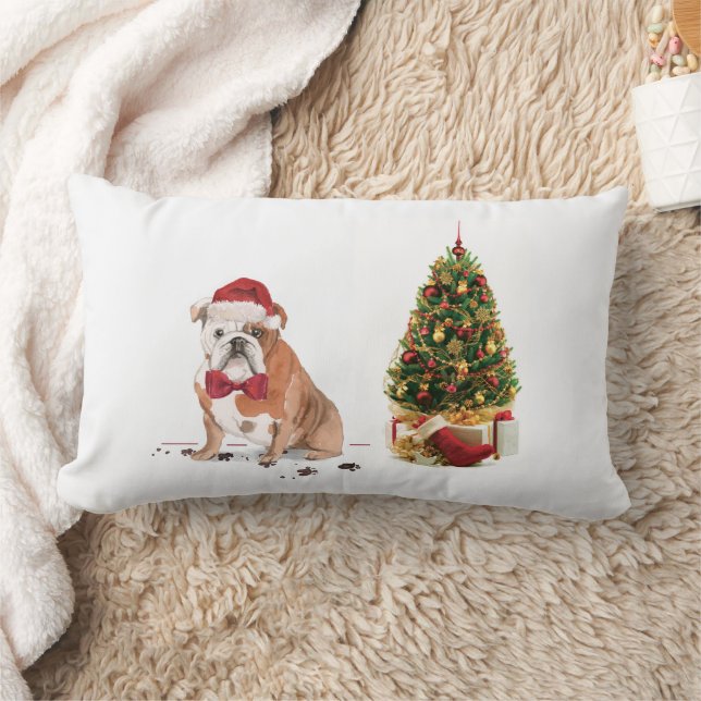 English Bulldog Funny Christmas Dog with Tree Lumbar Pillow (Blanket)
