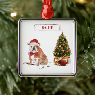 English Bulldog Funny Christmas Dog with Tree Metal Ornament