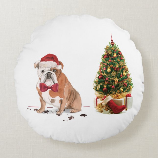 English Bulldog Funny Christmas Dog with Tree Round Pillow (Front)