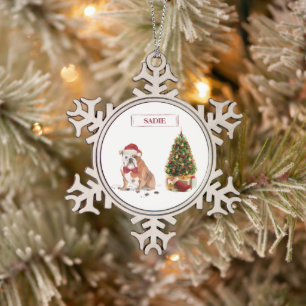 English Bulldog Funny Christmas Dog with Tree Snowflake Pewter Christmas Ornament