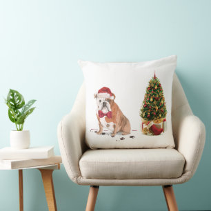 English Bulldog Funny Christmas Dog with Tree Throw Pillow