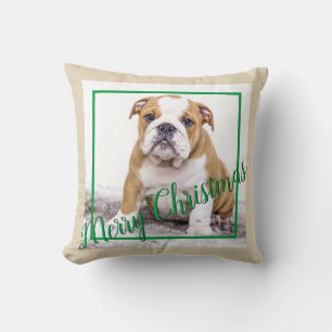 English Bulldog Green Christmas Holiday Photo Throw Pillow