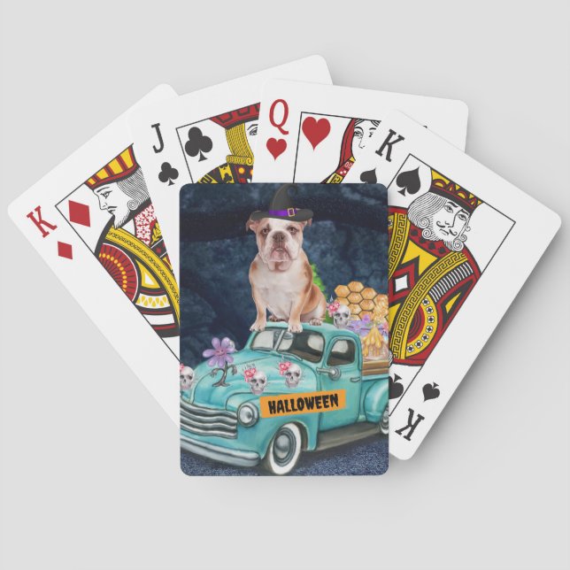 English Bulldog Halloween Truck Scary Night  Playing Cards (Back)