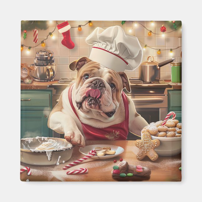 English Bulldog Holiday Baking: Festive Christmas Magnet (Front)