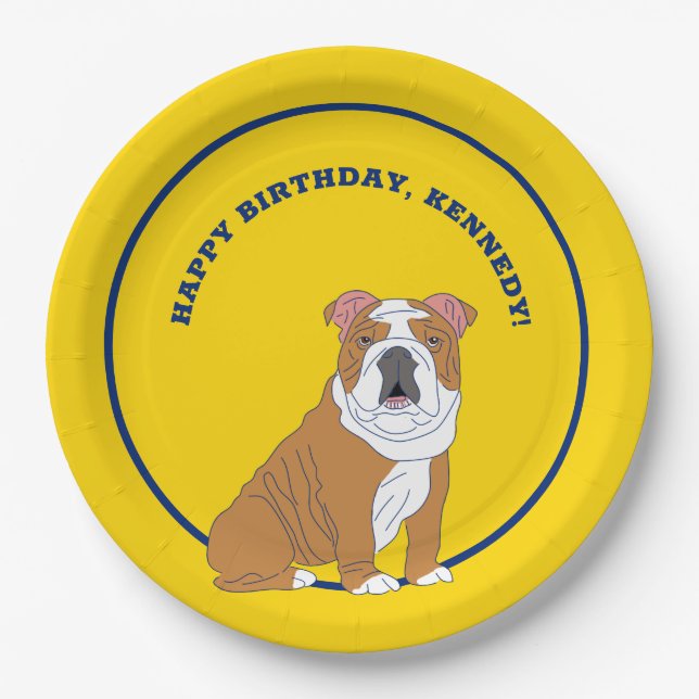 English Bulldog Illustration Personalized Party Paper Plate (Front)