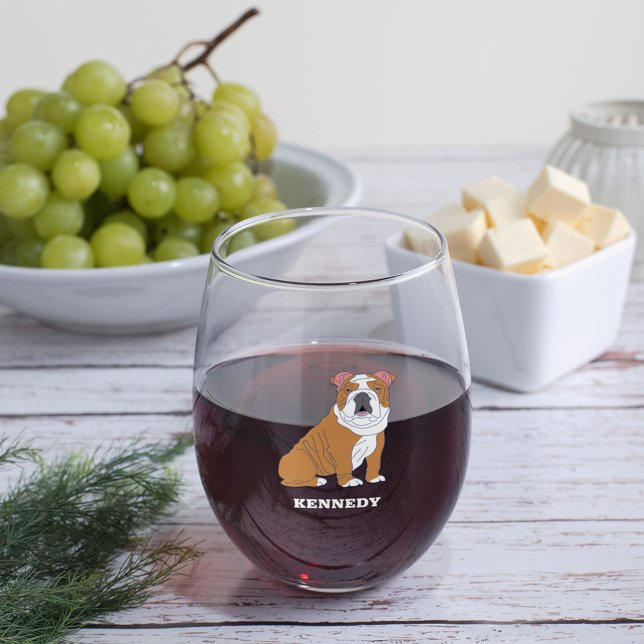 English Bulldog Illustration Personalized Stemless Wine Glass (Creator Uploaded)