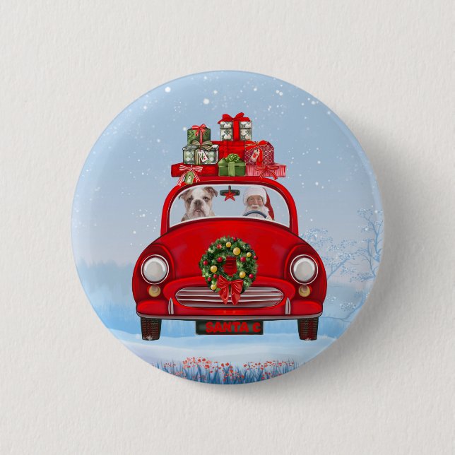 English Bulldog In Car With Santa Claus  2 Inch Round Button (Front)