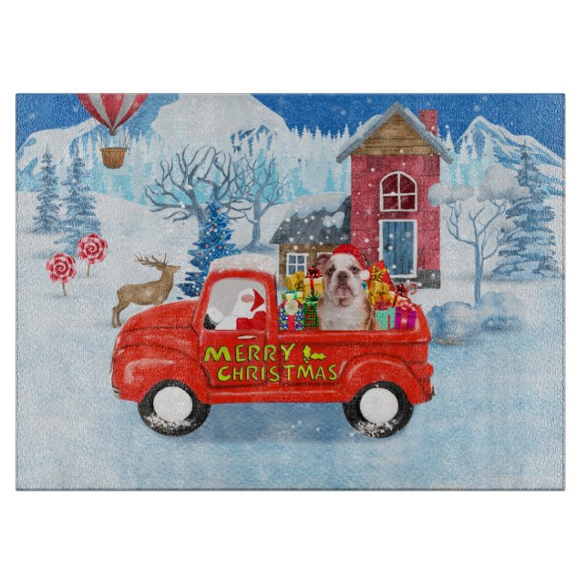 English Bulldog in Christmas Delivery Truck Snow Cutting Board (Front)