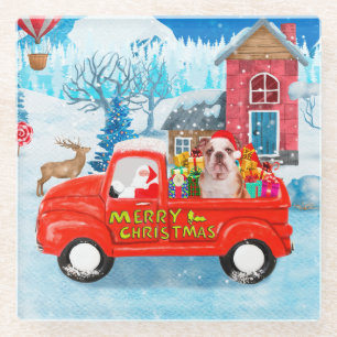 English Bulldog in Christmas Delivery Truck Snow  Glass Coaster
