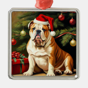 English Bulldog in Santa hat, Metal Ornament