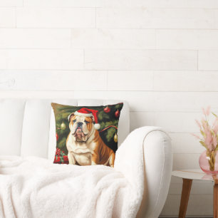 English Bulldog in Santa hat, Throw Pillow