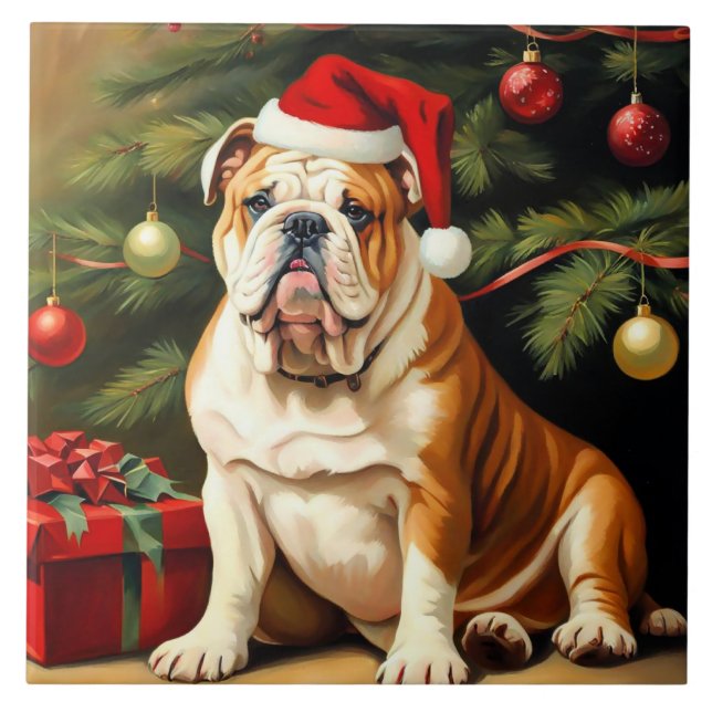 English Bulldog in Santa hat, Tile (Front)