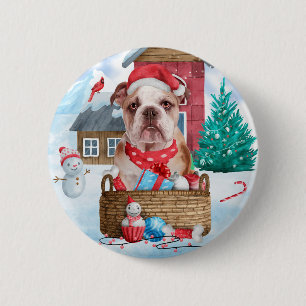 English Bulldog In snow Christmas Dog House 2 Inch Round Button