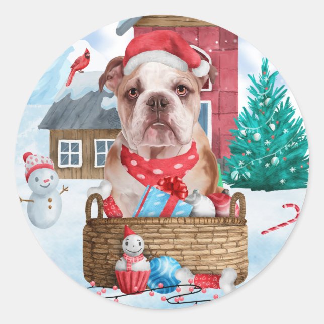 English Bulldog In snow Christmas Dog House Classic Round Sticker (Front)