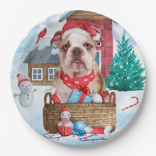 English Bulldog In snow Christmas Dog House Paper Plate