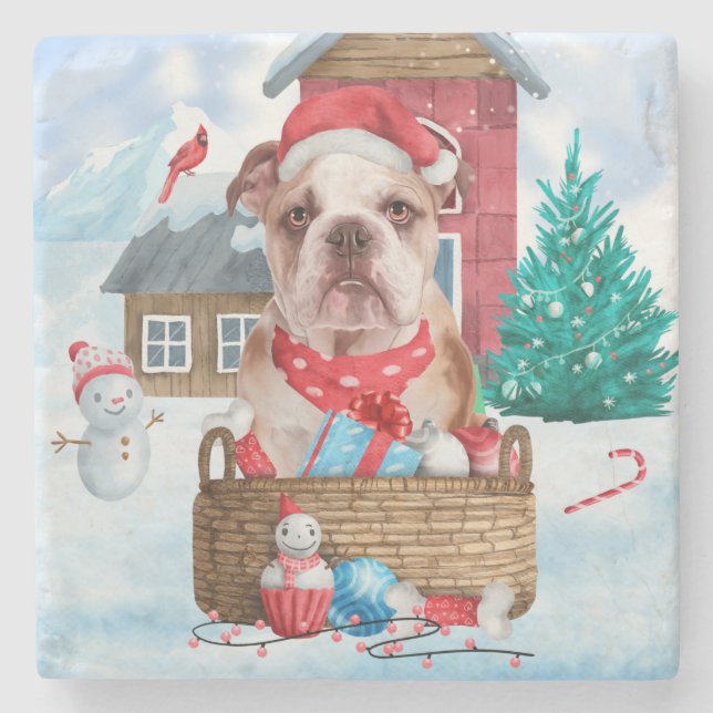 English Bulldog In snow Christmas Dog House Stone Coaster (Front)