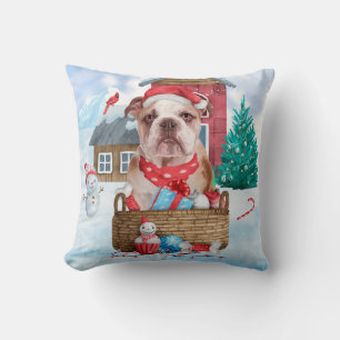 English Bulldog In snow Christmas Dog House Throw Pillow