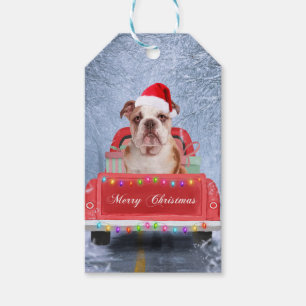 English Bulldog in Snow sitting in Christmas Truck Gift Tags
