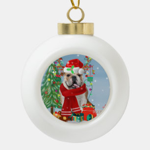 English Bulldog in Snow with Christmas Gifts  Ceramic Ball Christmas Ornament