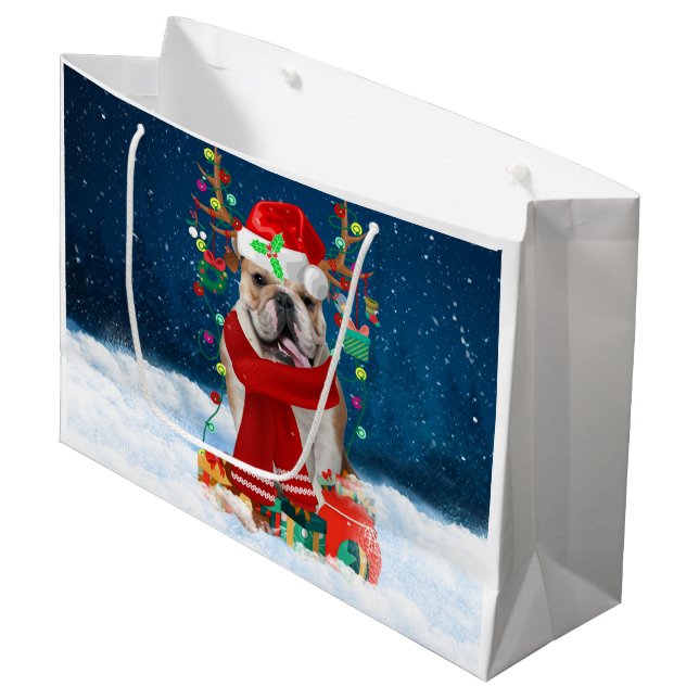 English Bulldog in Snow with Christmas Gifts  Large Gift Bag (Front Angled)