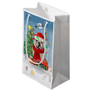 English Bulldog in Snow with Christmas Gifts  Small Gift Bag