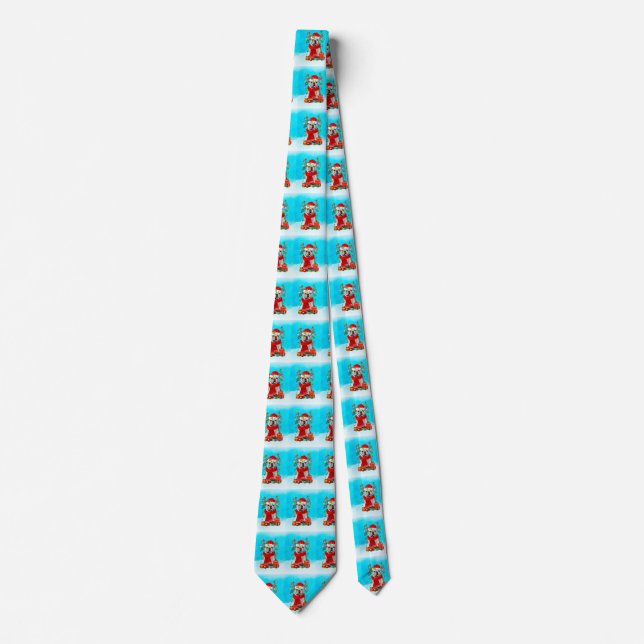 English Bulldog in snow with Christmas gifts Tie (Front)