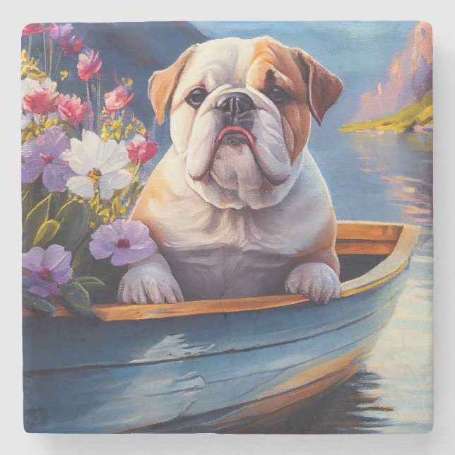 English Bulldog on a Paddle: A Scenic Adventure Stone Coaster (Front)