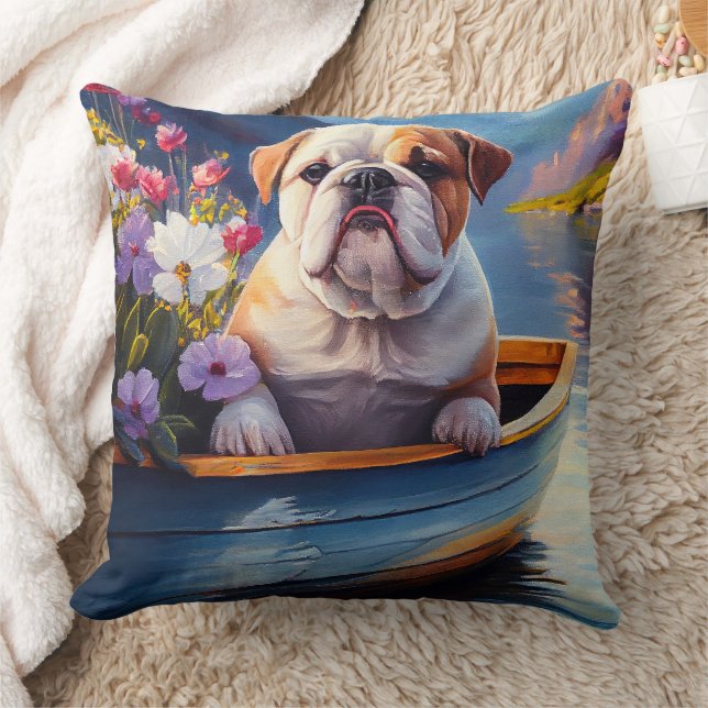 English Bulldog on a Paddle: A Scenic Adventure Throw Pillow (Blanket)
