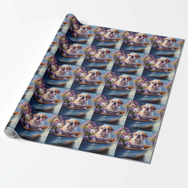 English Bulldog on a Paddle: A Scenic Adventure Wrapping Paper (Unrolled)
