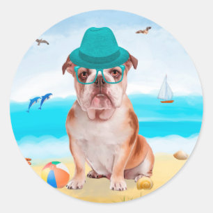 English Bulldog on Beach Classic Round Sticker