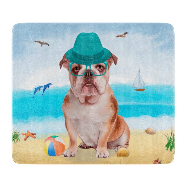 English Bulldog on Beach Cutting Board (Front)