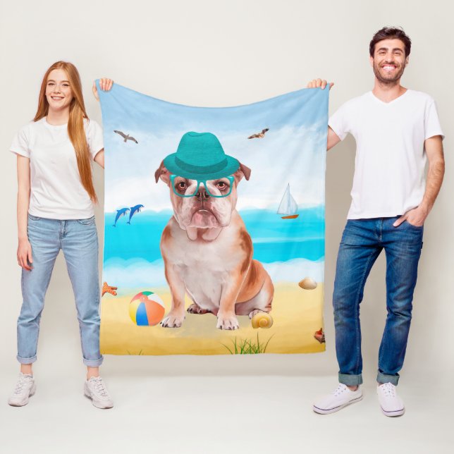 English Bulldog on Beach Fleece Blanket (In Situ)