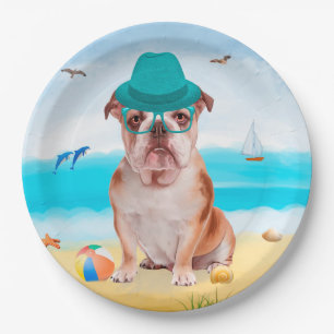 English Bulldog on Beach Paper Plate