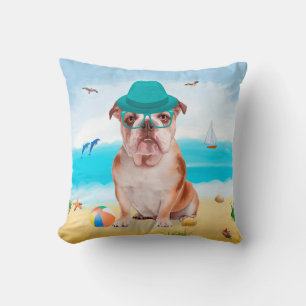 English Bulldog on Beach Throw Pillow