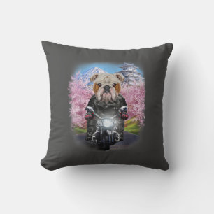English Bulldog On Motorcycle Tour Japanese Garden Throw Pillow