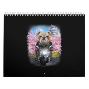 English Bulldog On Motorcycle Tour Japanese Sakura Calendar