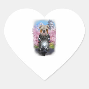 English Bulldog On Motorcycle Tour Japanese Sakura Heart Sticker