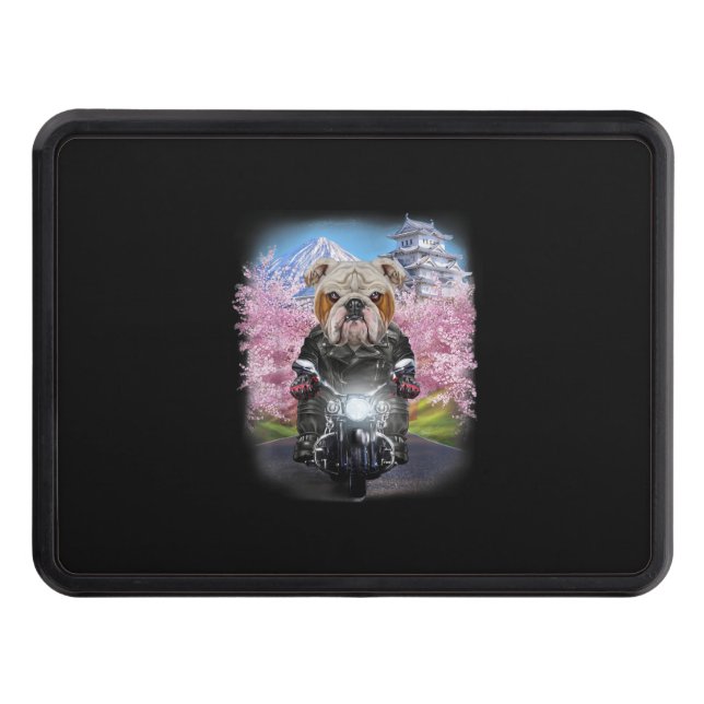English Bulldog On Motorcycle Tour Japanese Sakura Trailer Hitch Cover (Front)