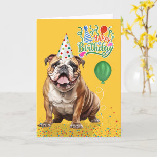 English Bulldog Party Hat Yellow Birthday Card