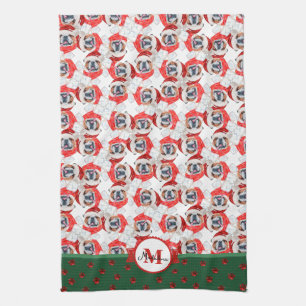English Bulldog Pattern Monogram Christmas Dog Kitchen Towel