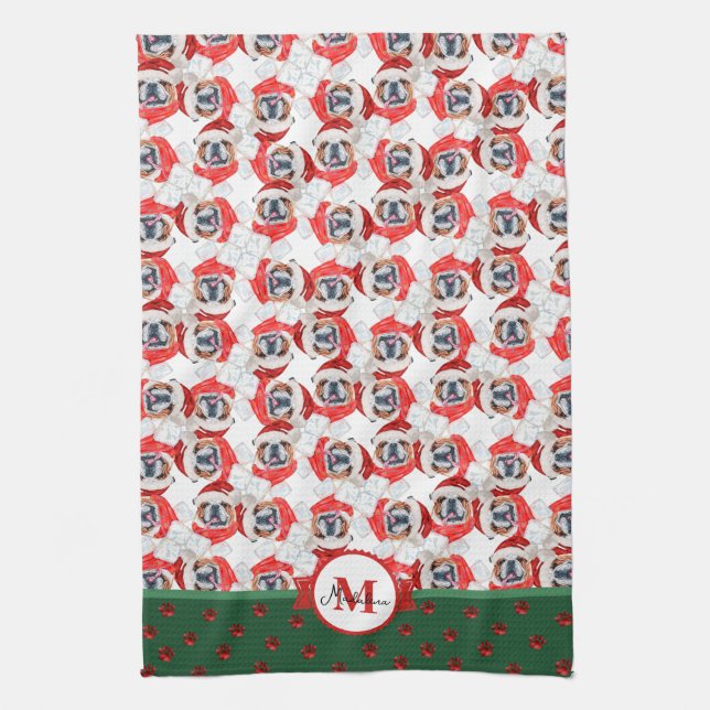 English Bulldog Pattern Monogram Christmas Dog Kitchen Towel (Vertical)