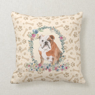 English Bulldog Paw Print & Floral Cute Throw Pillow